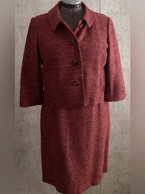 Talbots 2pc Silk Blend Multi Rasberry/Wine Tweed Sheath Dress Jacket Set Sz12P